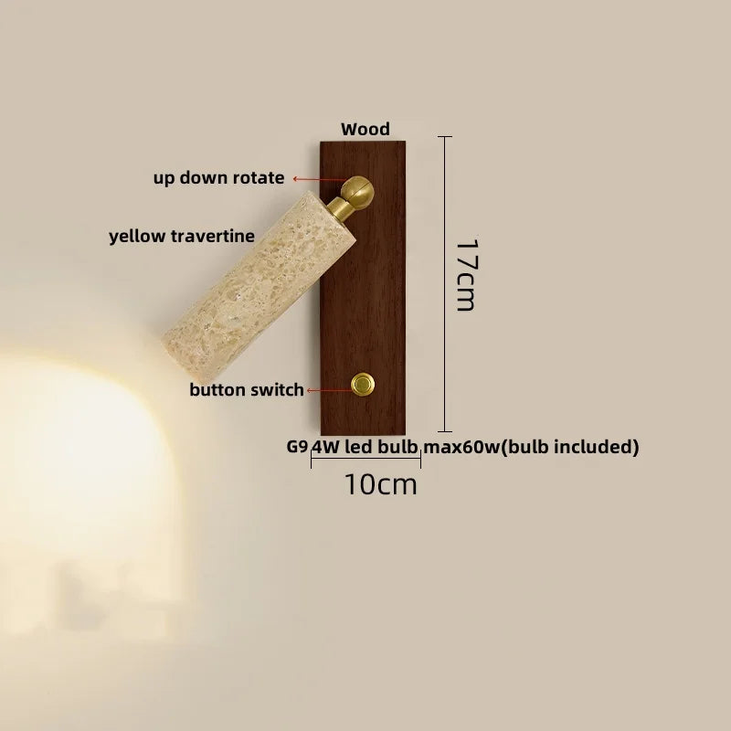 Wall lamp with wooden base and stone-like shade, labeled with dimensions and features.
