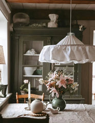 White Fabric Pleated Pendant Light with Gold Accents and Ruffled Shade