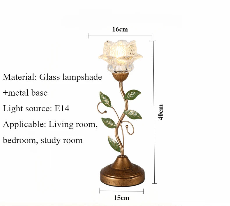 A diagram showing the dimensions of a gold flower table lamp with a glass shade, indicating a height of 40cm and widths of 16cm and 15cm.