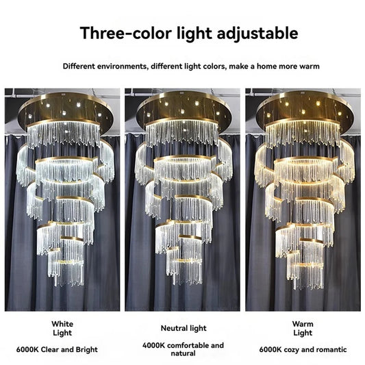 Three images showcasing the same gold tiered crystal waterfall chandelier with different lighting effects: white light, neutral light, and warm light.