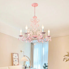 A softly lit pink bedroom featuring a pink crystal flower semi-flush mount chandelier.
