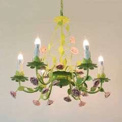 Green floral ceramic chandelier with rose and leaf accents, viewed from the front.