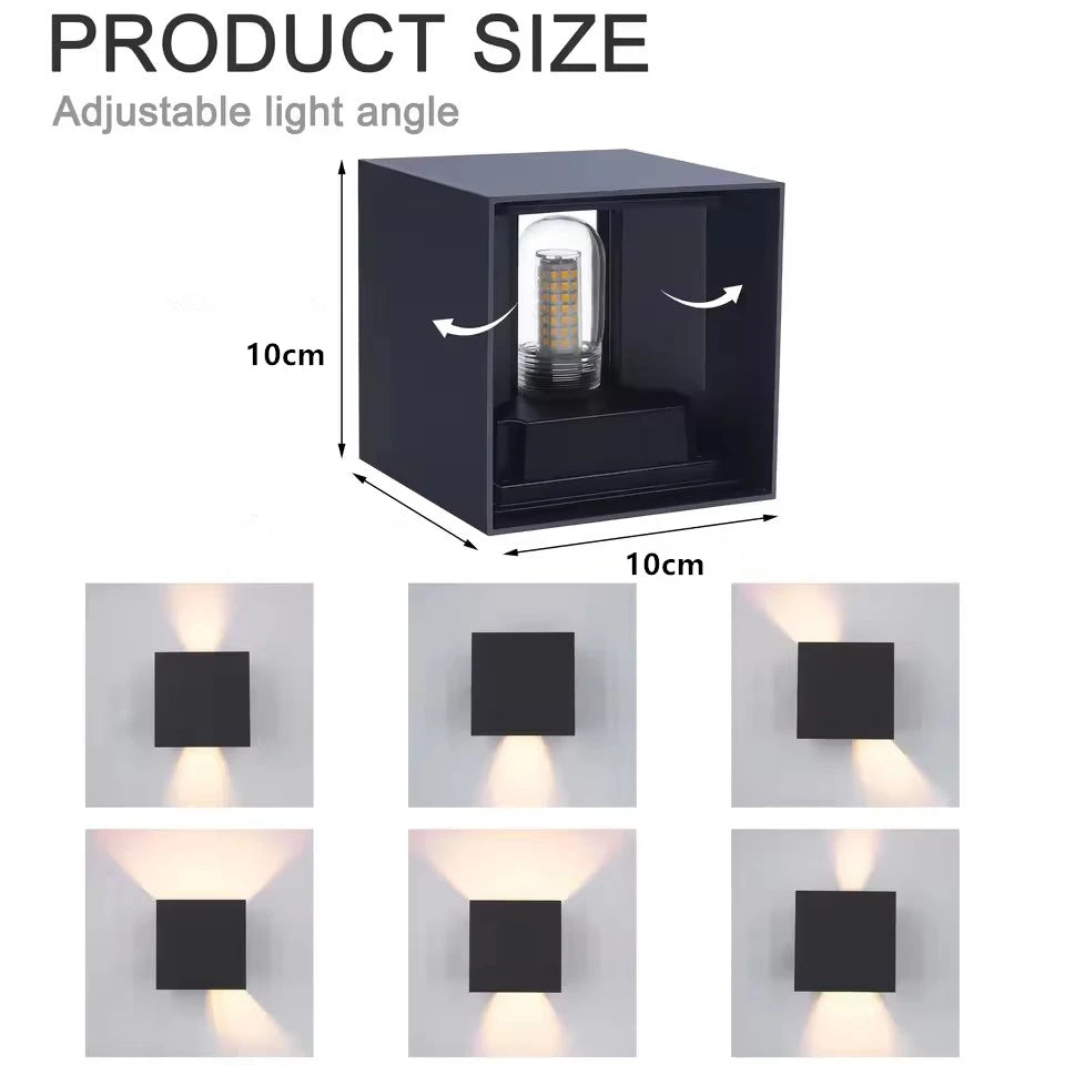Black square wall light with adjustable light angle, dimensions, and sample placements shown.