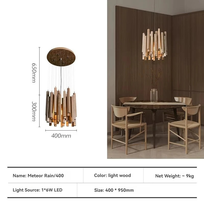 Dining room setting with a modern chandelier, table, and chairs, featuring dimensions and product details.