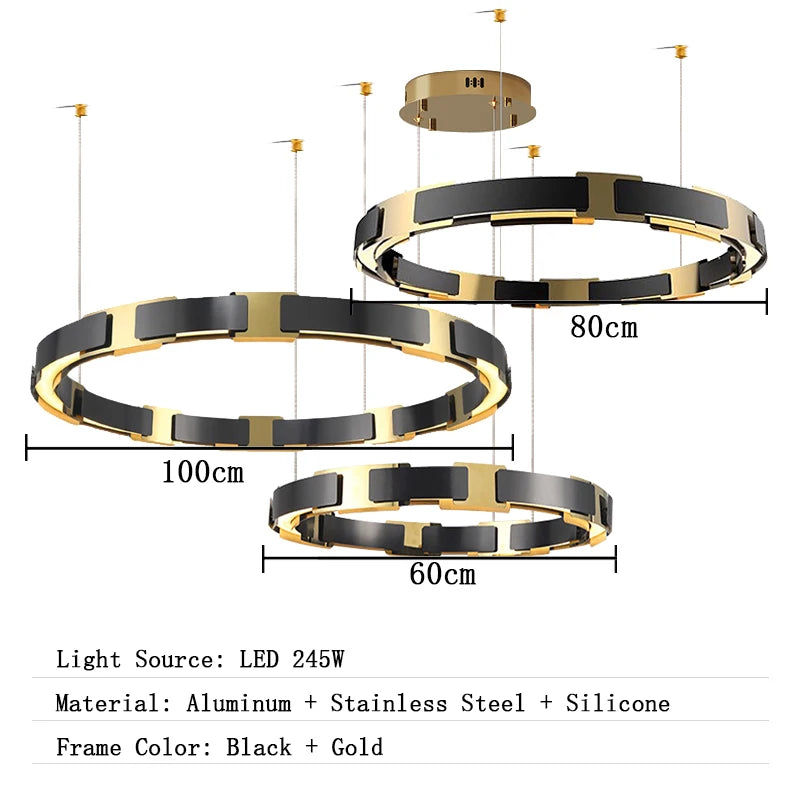 Black and gold pendant light with measurements on a white background