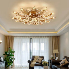 Gold crystal leaf semi-flush ceiling light fixture installed in a well-lit room