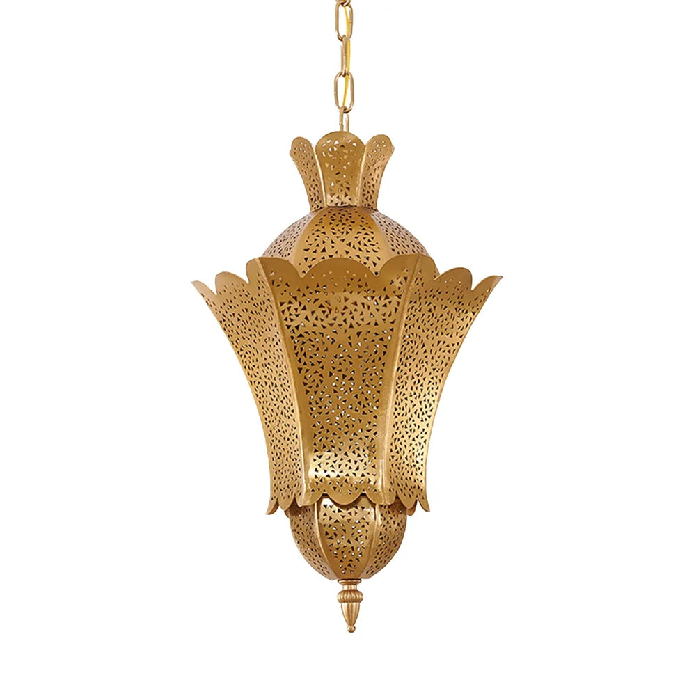 A standalone image of a gold hollow carved floral pendant light.