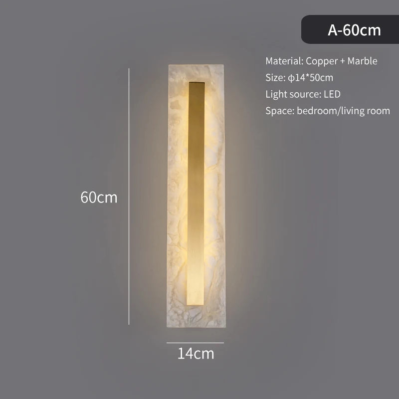 Wall-mounted light fixture with dimensions and material details on a gray background