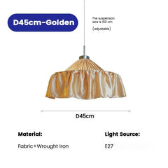 White Fabric Pleated Pendant Light with Gold Accents and Ruffled Shade