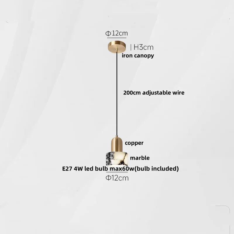 Pendant light with labeled components on a white background