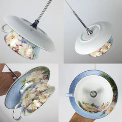 Gold Metal Frame Floral Ceramic Pendant Light with Green Leaf Accents