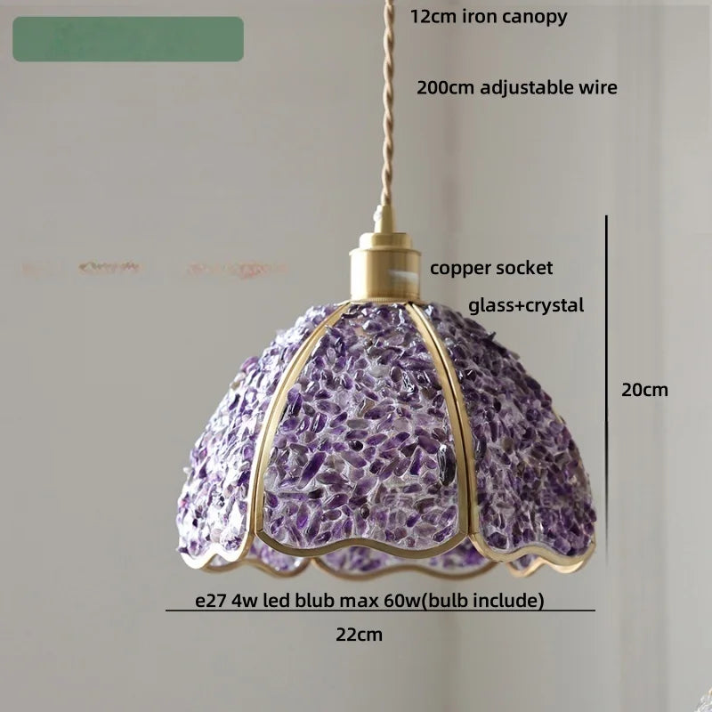 Purple glass pendant light with measurements and details on a neutral background