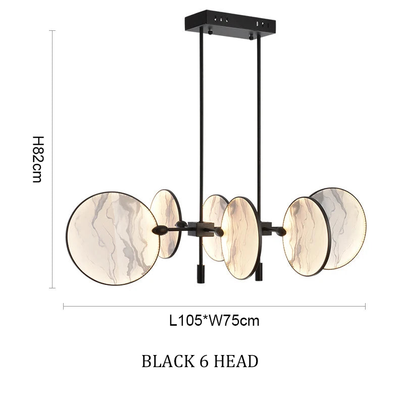 Modern chandelier with six circular glass shades and black metal frame, dimensions displayed.