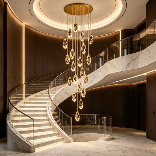 Grand foyer with a large, cascading gold chandelier featuring numerous teardrop-shaped faceted crystals hanging from a round gold ceiling plate, illuminating a marble spiral staircase.