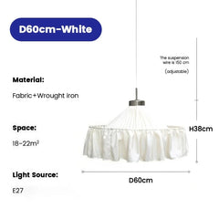 White Fabric Pleated Pendant Light with Gold Accents and Ruffled Shade