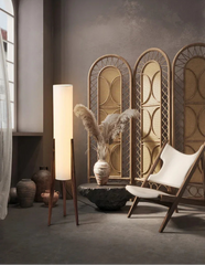 Minimalist Black Walnut Floor Lamp with Natural Linen Shade