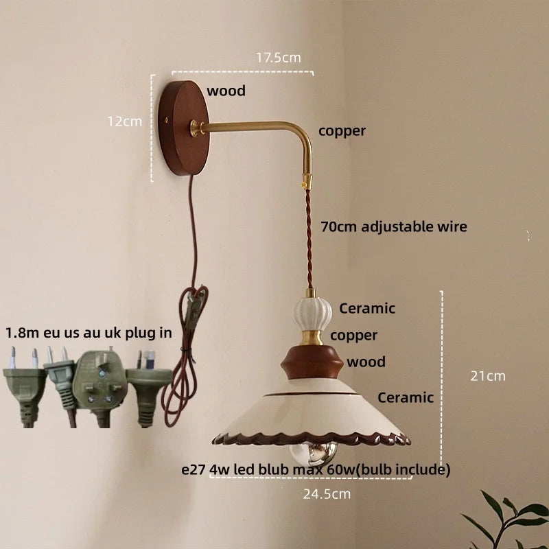 Wall-mounted lamp with measurements and components labeled on a beige background