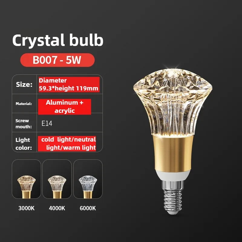 Crystal bulb with specifications on a dark background