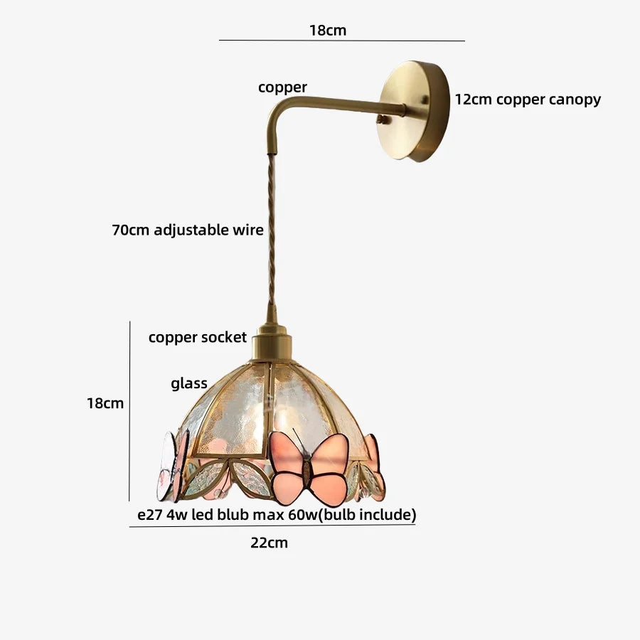 Measurement chart of a decorative lamp with butterfly design on a white background