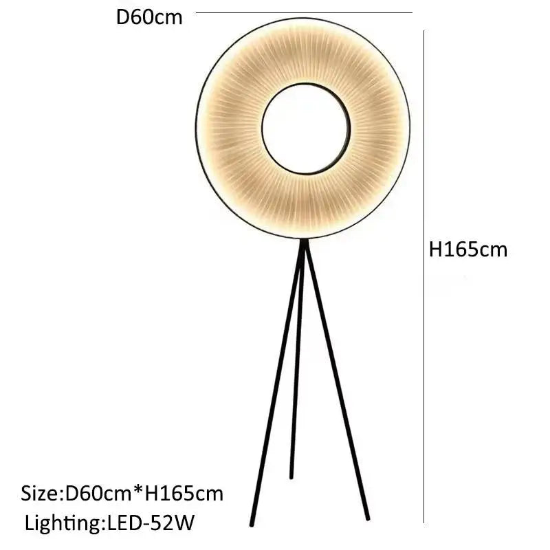 Floor lamp with dimensions and LED details on a white background