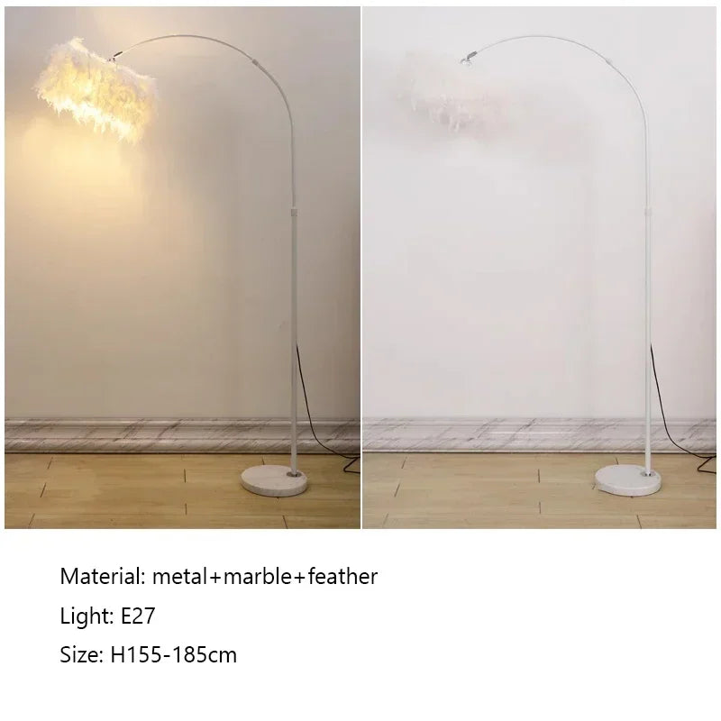 Two views of a floor lamp with a marble base on a wooden floor.