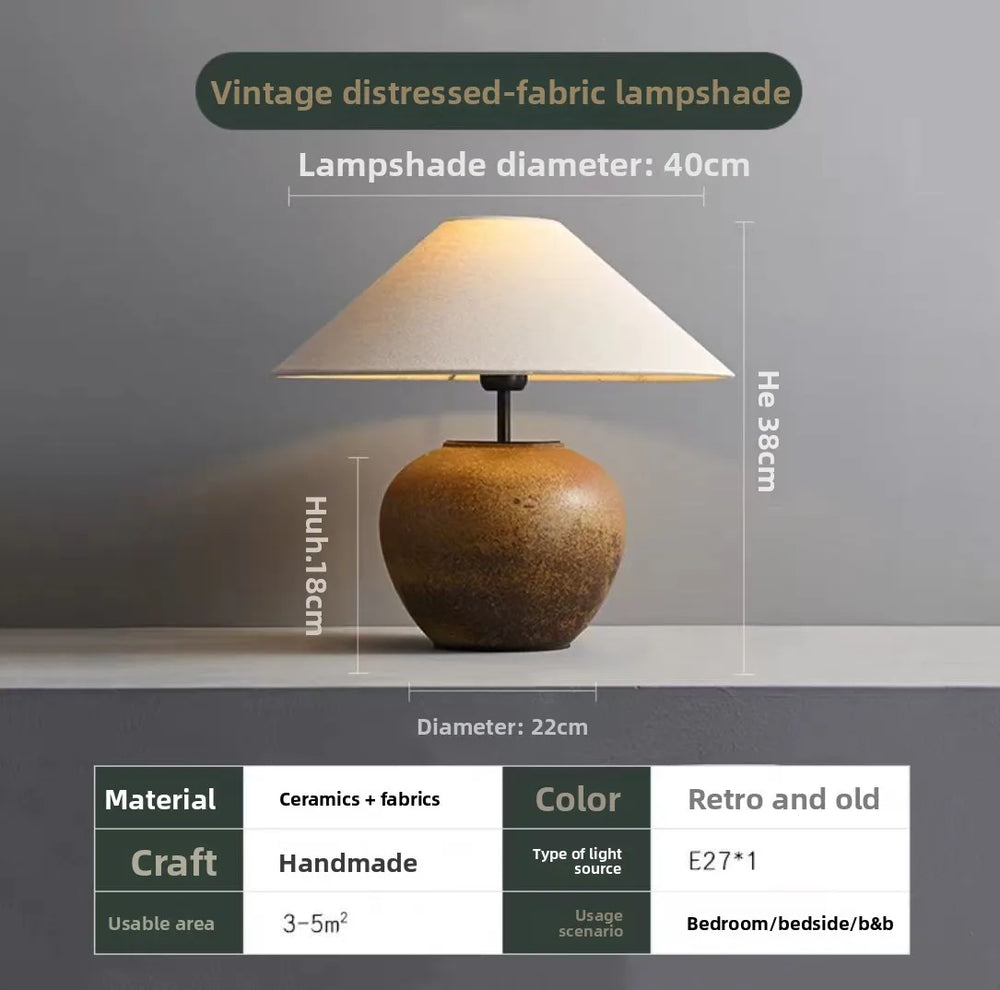A table lamp with dimensions and specifications highlighted, showing its ceramic base and fabric shade.