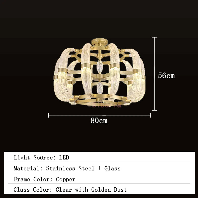 Chandelier with dimensions and product details on a black background