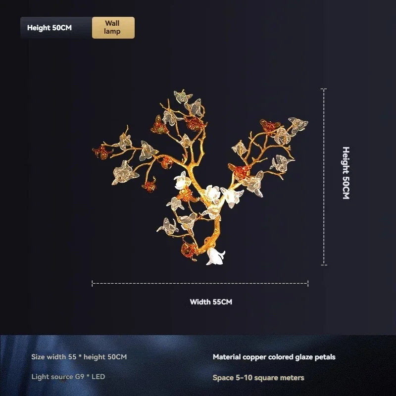 Decorative wall lamp with measurements on a dark background