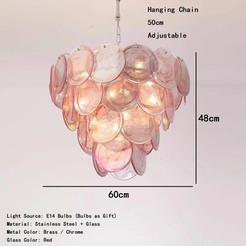 Pink and white pendant light with dimensions and material details on a white background