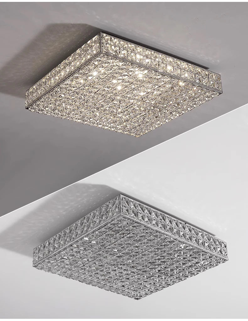 Square crystal ceiling light fixture on a gray background