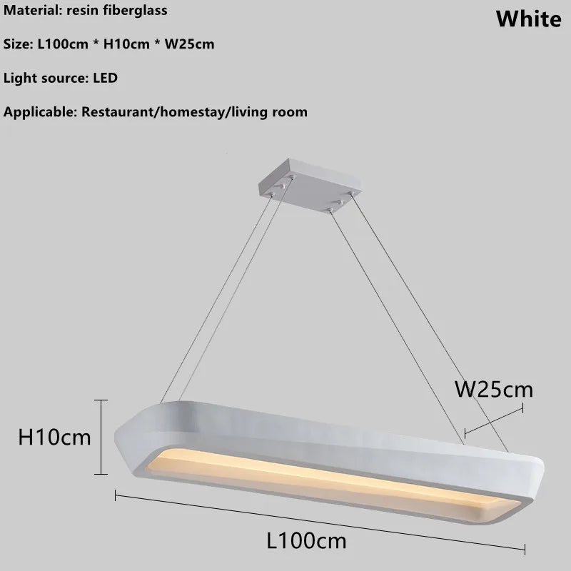 Resin fiberglass pendant light with dimensions and material details on a gray background