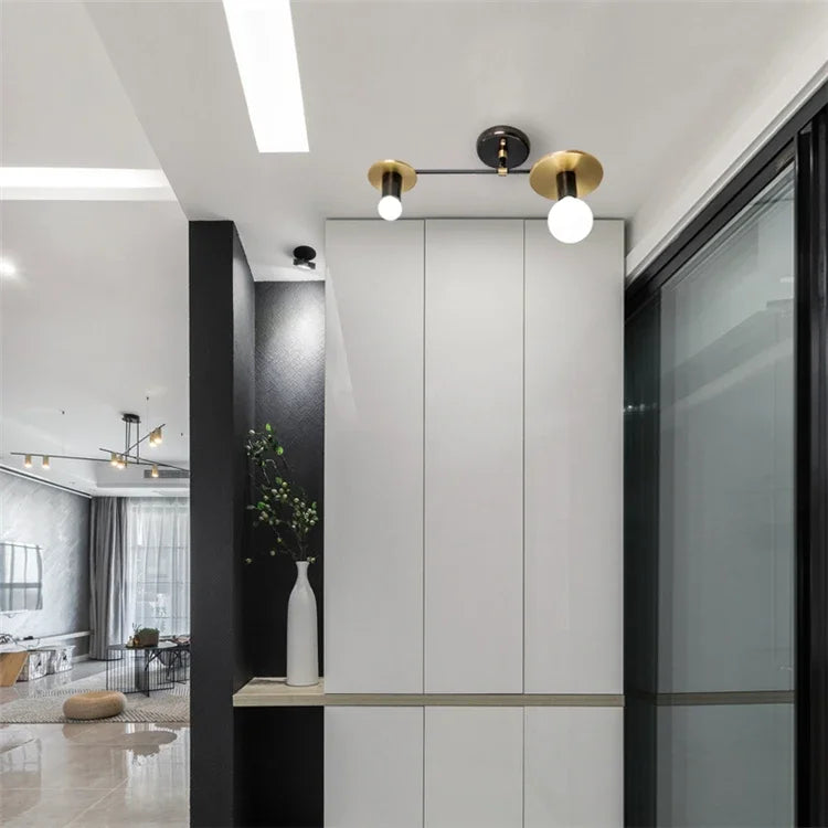 Modern interior design with white walls, black ceiling, and decorative elements.