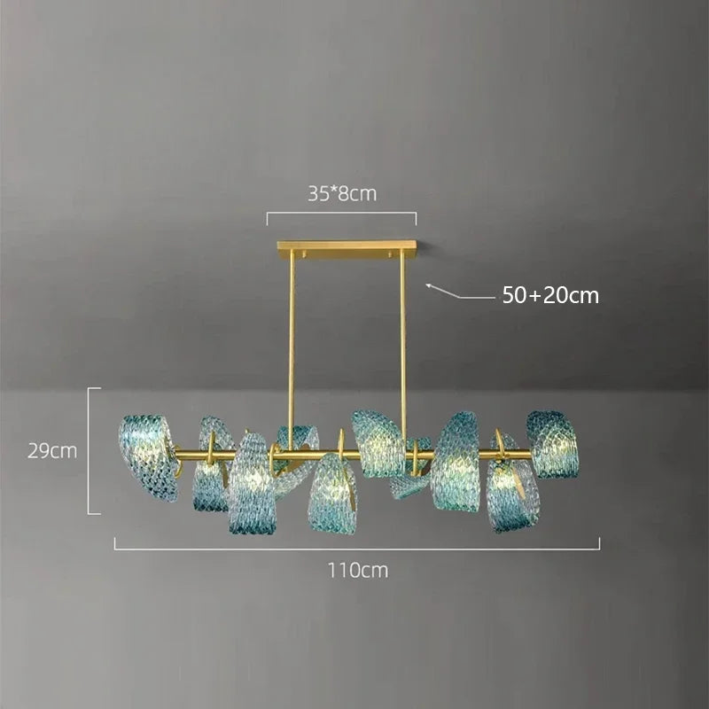 Chandelier with measurements on a gray background