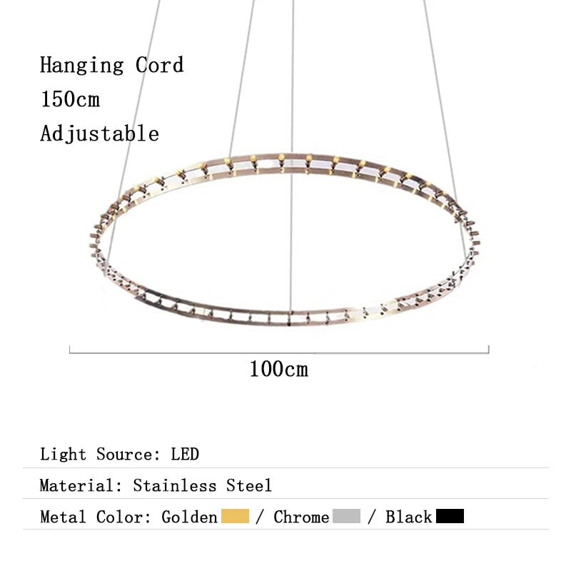 Chandelier with dimensions and material details on a white background