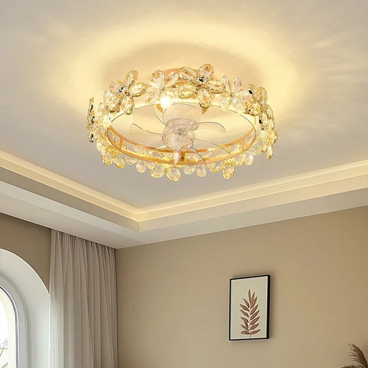 Close-up view of the ceiling light, showing the intricate detail of the clear glass flower petals with illuminated centers, and a central fan.