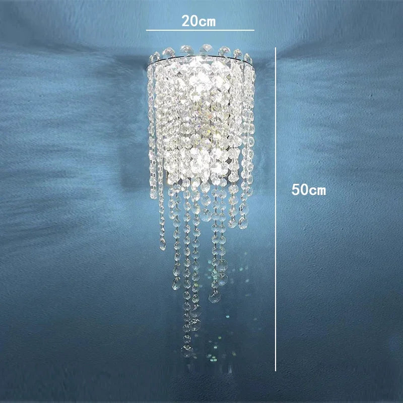 Crystal chandelier with measurements on a blue wall
