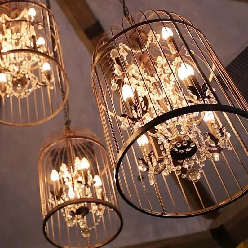 Chandelier with birdcage design and crystal accents