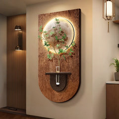Modern wood grain wall light with a circular illuminated moon motif and a central plant holder, mounted on a wall.