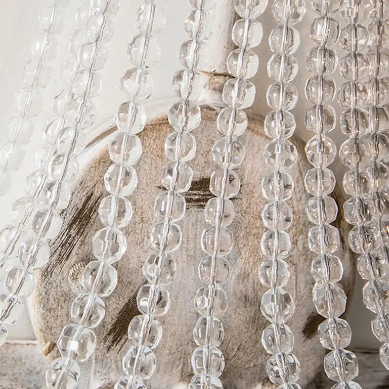 Close-up of clear beaded strands against a neutral background