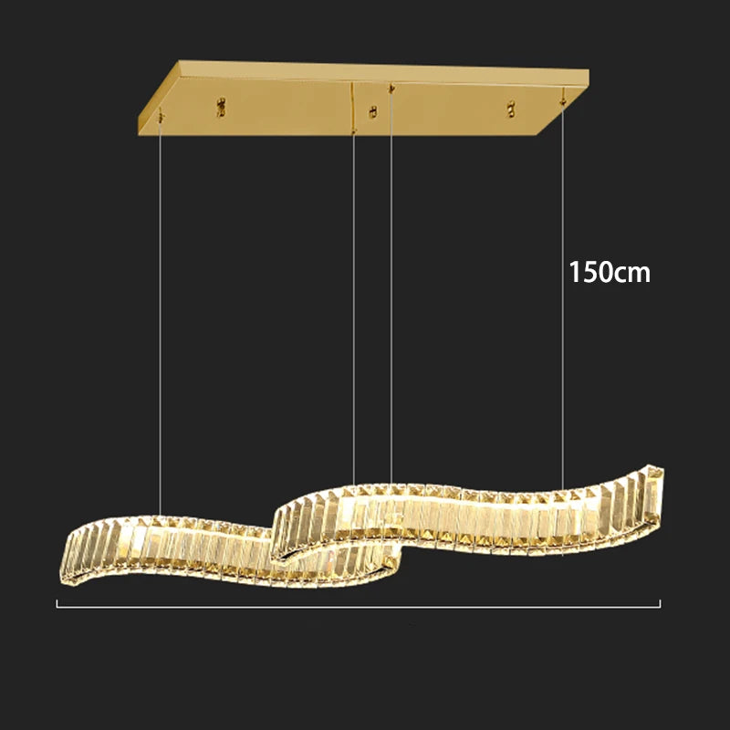 Gold pendant light fixture with measurements on a black background