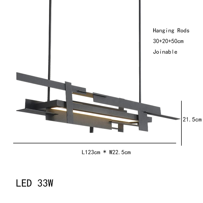 Modern pendant light with dimensions and LED power rating on a white background