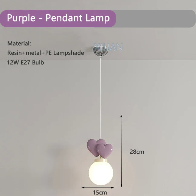 Purple pendant lamp with dimensions and material details on a gray background