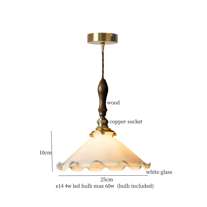 Pendant light with dimensions and bulb information on a white background