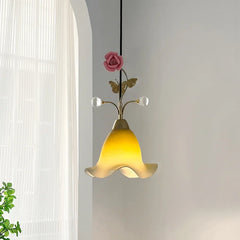 Gold Metal Chandelier with Rose Bud Accents and Frosted Glass Shades