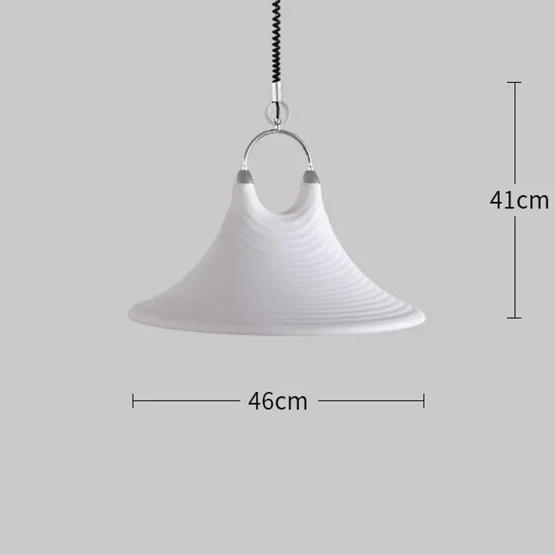 White pendant light with dimensions on a gray background