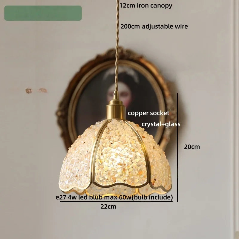 Pendant light with measurements and details on a neutral background