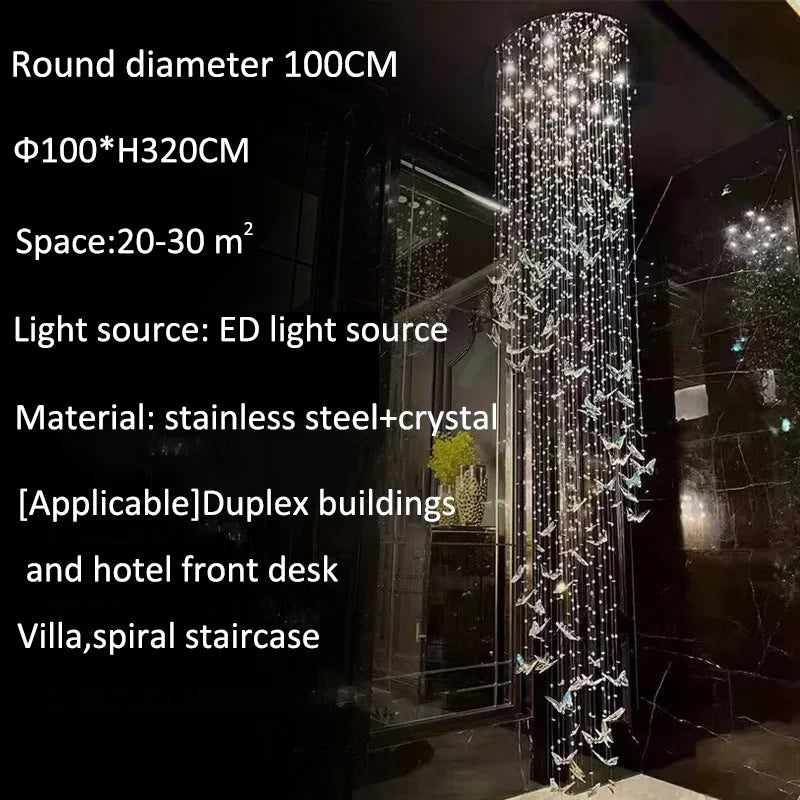 Chandelier with specifications and application areas displayed on a dark background
