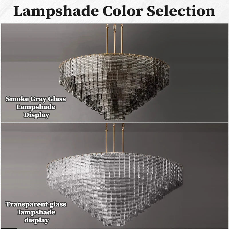 Two chandelier lampshades with 'Smoke Gray Glass' and 'Transparent glass' labels on a gray background.