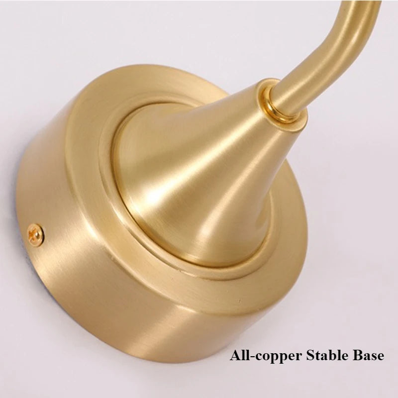 Gold wall sconce with 'All-copper Stable Base' text on a light gray background