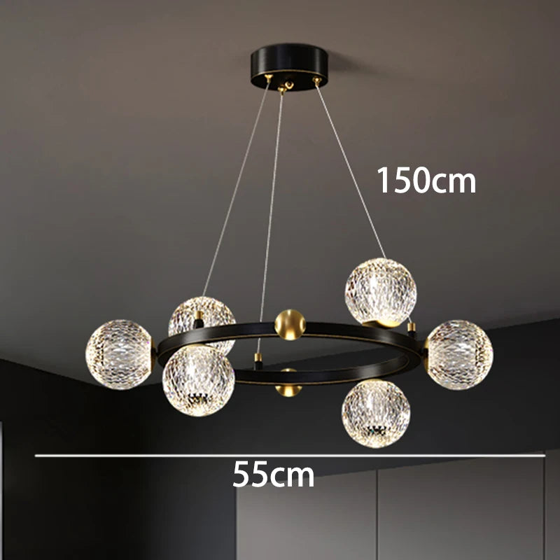Chandelier with crystal balls and measurement labels on a dark background